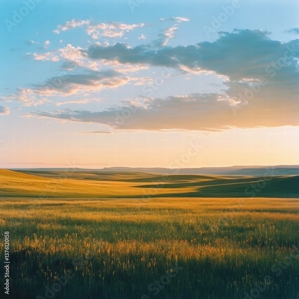 Obraz A wide shot of a vast prairie with the light shifting from golden to soft evening tones, the expansive field catching every ray of sunlight as the sky transitions into dusk, creating a peaceful,