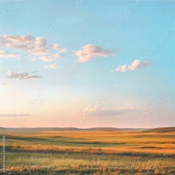 Obraz A wide shot of a vast prairie with the light shifting from golden to soft evening tones, the expansive field catching every ray of sunlight as the sky transitions into dusk, creating a peaceful,