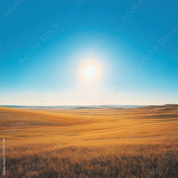 Obraz A vast field of golden grass stretching to the horizon, with the sun hanging high in a clear, cloudless blue sky, casting soft, natural light across the landscape
