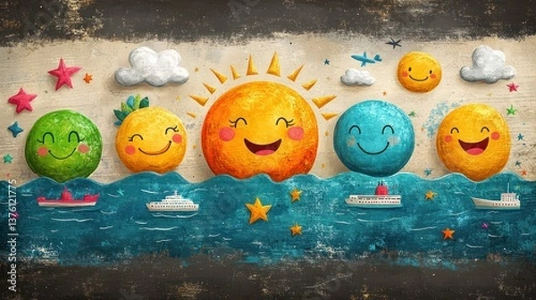 Fototapeta Happy sun and planet characters on ocean mural