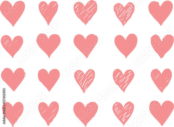 Fototapeta A playful collection of seamless heart patterns in red, black, pink, and blue tones, featuring hand-drawn and filled heart shapes on white backgrounds for romantic or decorative designs.