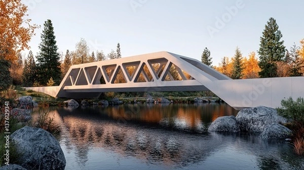 Fototapeta Modern bridge over tranquil lake autumn landscape architectural design natural environment serene viewpoint