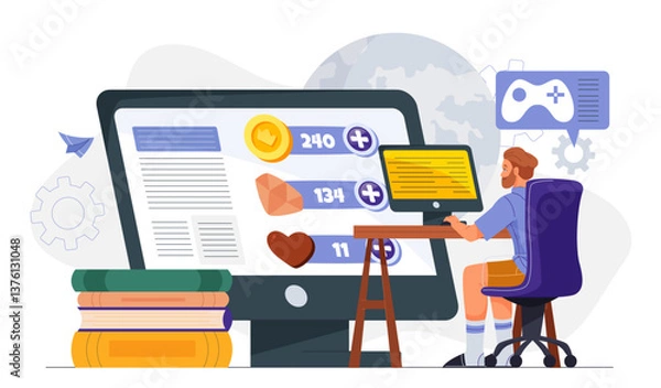 Obraz Gamer learning at computer desk setup. Vector illustration