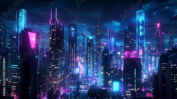 Fototapeta Cartoon futuristic city. Metropolis future building architecture, cyberpunk neon town night landscape modern office skyscraper, cityscape game background swanky vector illustration