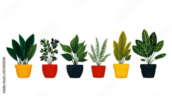 Fototapeta Variety of houseplants in pots, colorful illustration, vibrant, cut out transparent