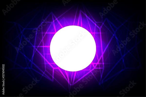 Fototapeta A glowing white sphere radiates from the center of a vibrant digital grid, surrounded by neon lines in purple and blue, symbolizing futuristic energy, data transfer, and advanced quantum technologies.