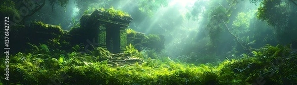 Fototapeta Hidden rainforest temple overgrown with lush vegetation