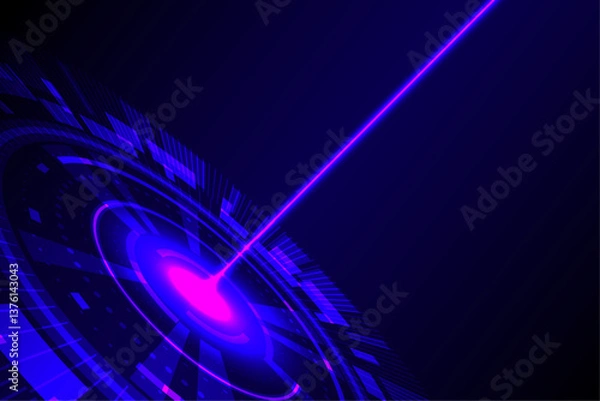 Obraz A purple laser beam shoots straight from the center of the digital circuit, representing energy, high-speed communication, and cutting-edge technology in the digital age.