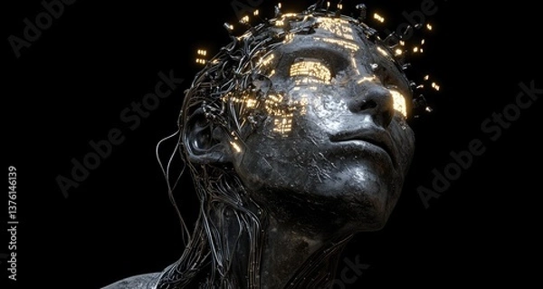 Fototapeta A digital artwork of an AI robot head, half human and half machine with intricate circuitry visible through its skin