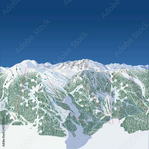 Fototapeta West coast of North America ski map. When folded in vertial quarters, the two outside pieces form a snowflake pattern with the tree line.