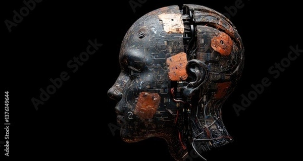 Fototapeta the head and shoulders of an advanced humanoid robot, half its face is made up of wires and circuitry