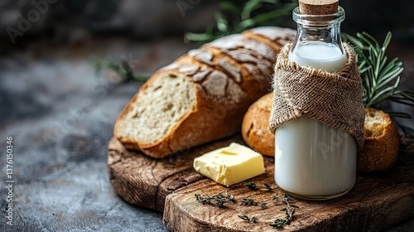 Fototapeta Fresh Bread, Milk & Butter on Rustic Board