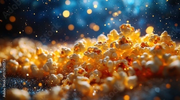 Fototapeta Golden popcorn pile, vibrant bokeh background, glittering surface, movie night