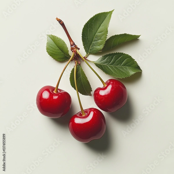 Fototapeta Three Red Cherries with Stems & Leaves on Light Background Fresh, Glossy, Vibrant