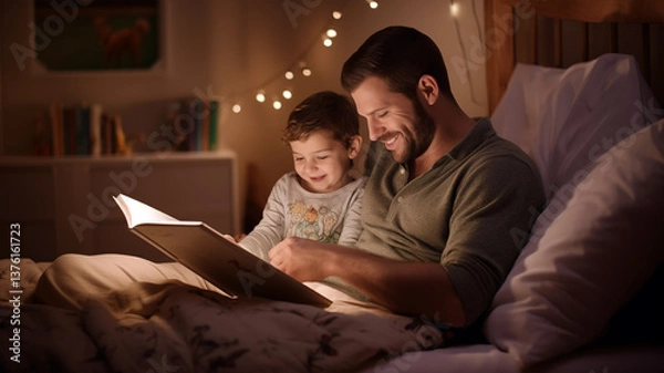 Fototapeta Father and son reading a bedtime story in cozy bedroom with string lights and bookshelf in warm evening light