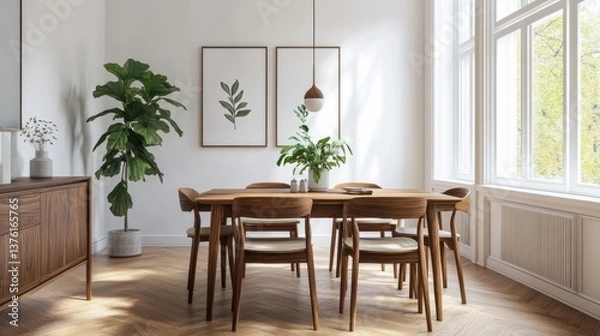 Obraz Cozy Scandinavian dining area with natural light and wooden furniture, 8K high resolution with copy space illustration