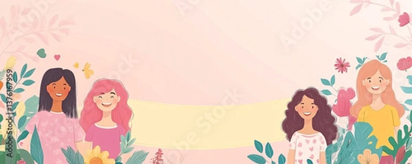 Fototapeta International Women's Day with pastel-colored flowers and female symbols