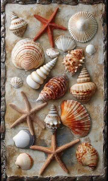 Fototapeta Decorative Mosaic Featuring Seashells and Starfish Arranged on a Textured Background