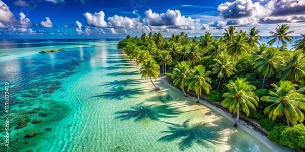 Fototapeta Serene tropical beach paradise with lush palm trees casting shadows on pristine turquoise water under a vibrant sky