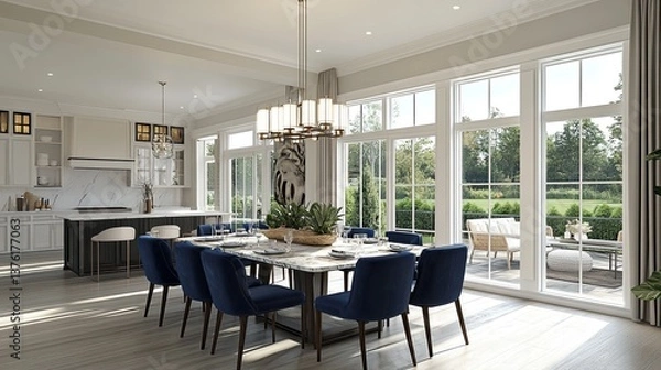 Fototapeta Bright dining room with marble table, navy chairs, and chandelier illuminated by expansive windows 