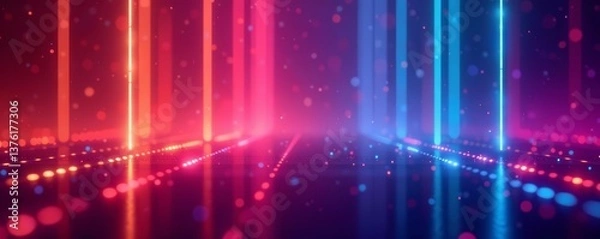 Fototapeta Digital backdrop with colorful gradient bars and abstract light effects, modern, colorful