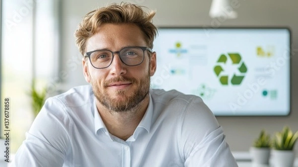Fototapeta Young professional man with blond hair and glasses smiling in office during a recycling presentation showcasing environmental responsibility and teamwork