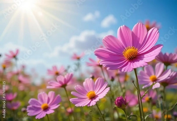 Obraz A field of bright pink and white cosmos flowers with the sun shining down on them
