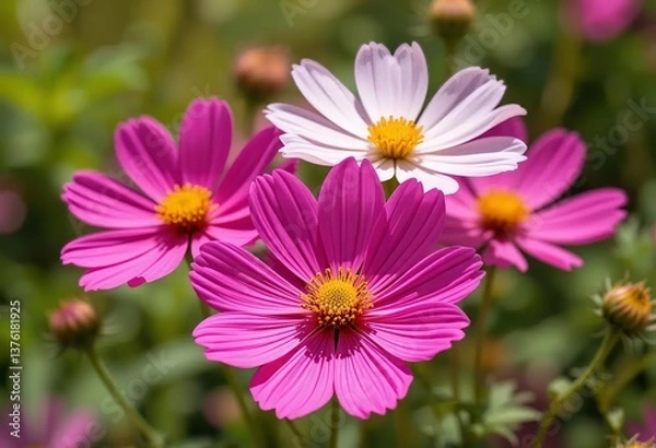 Obraz A field of bright pink and white cosmos flowers with the sun shining down on them