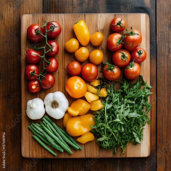Fototapeta Fresh tomatoes and herbs on a wooden table with vegetables and ingredients for a healthy meal