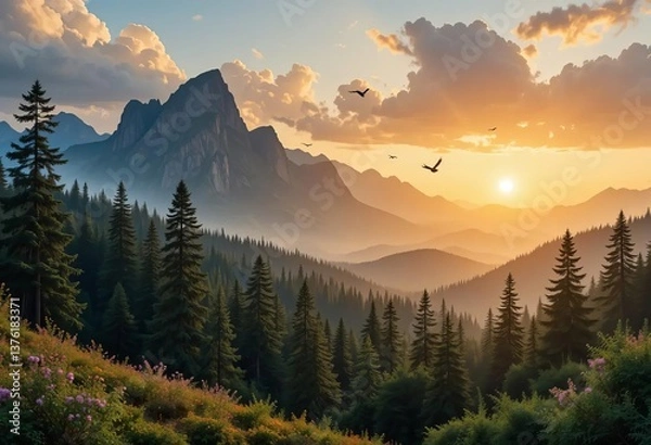 Obraz A beautiful landscape of a path through a coniferous forest with a stunning sunset sky and birds flying in the background.