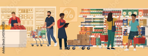 Fototapeta Customers and workers at the grocery store
