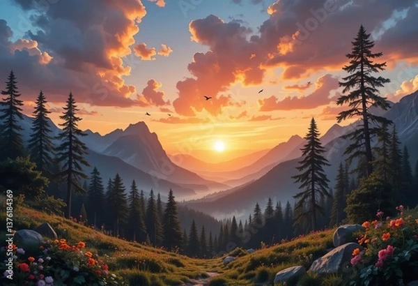Obraz A beautiful landscape of a path through a coniferous forest with a stunning sunset sky and birds flying in the background.