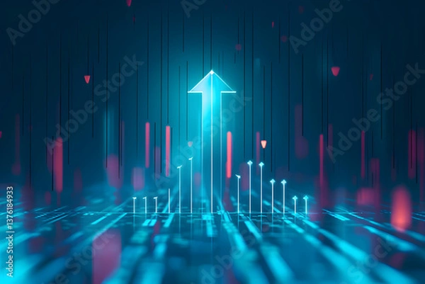 Fototapeta Digital technology of glowing arrows up diagonally in blue neon light. AI generated image