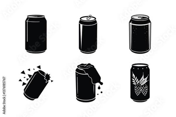 Obraz Black and white illustrations of various beer or soda cans.
