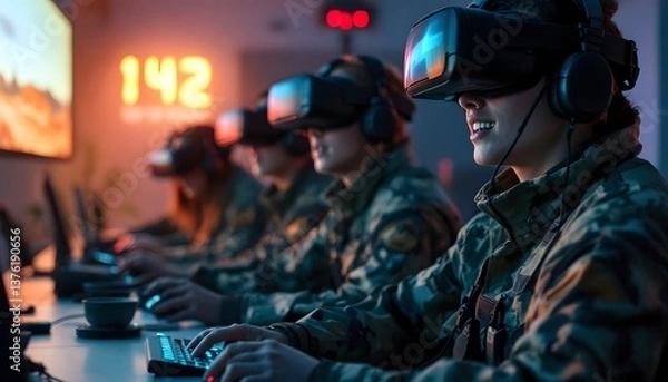 Fototapeta Soldiers Wearing Vr Headsets Gaming and Smiling in a Modern Military Setting