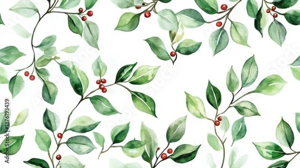 Fototapeta Seamless watercolor pattern featuring green winter leaves branches and mistletoe berries ideal for wedding invitations and seasonal promotions illustration