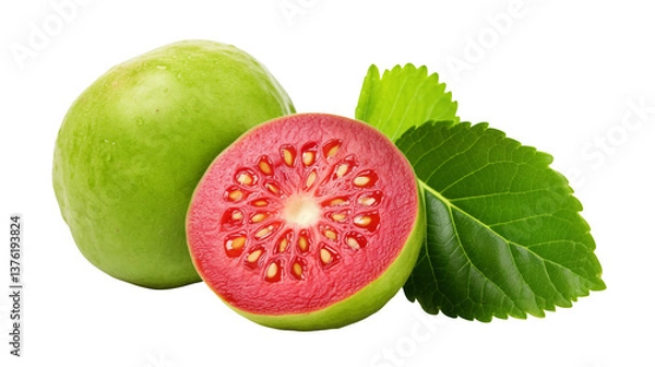 Fototapeta Close up of a green guava and a halved pink guava fruit
