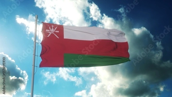 Obraz Oman national flag waving in beautiful sky. 3d illustration