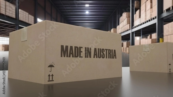 Obraz Boxes with MADE IN AUSTRIA text on conveyor. 3d illustration