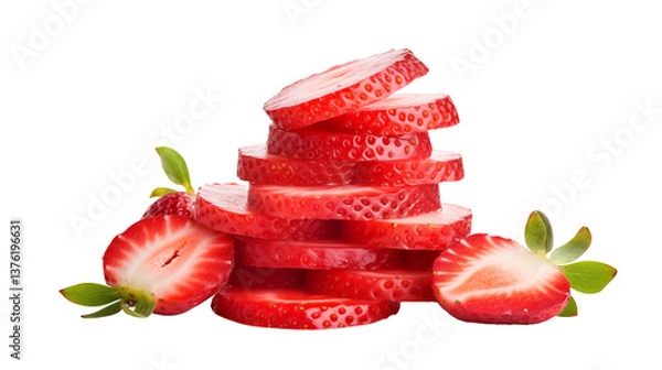 Fototapeta A stack of sliced strawberries with green leaves around it