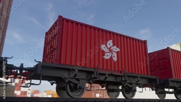 Obraz Containers with the flag of Hong Kong. Railway transportation. 3d illustration