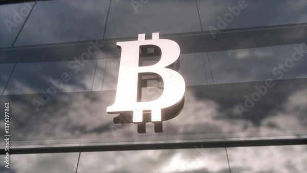 Obraz Bitcoin currency sign on a modern glass skyscraper. 3d illustration