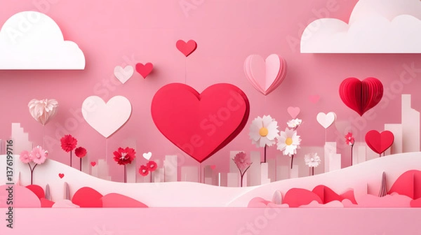 Fototapeta Valentine's background, Valentine’s Day Parade A festive parade with floats decorated with flowers and hearts, pink color, paper cut