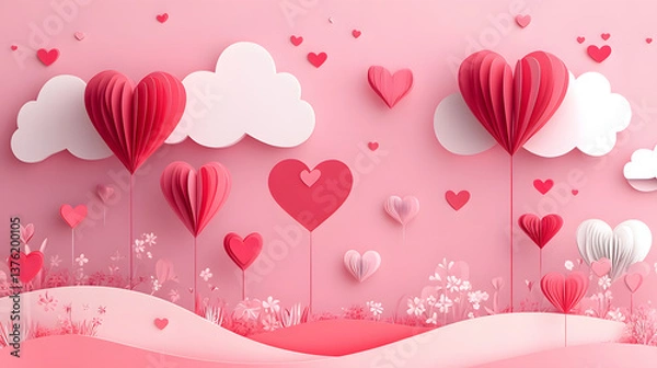 Fototapeta Valentine's background, Valentine’s Day Parade A festive parade with floats decorated with flowers and hearts, pink color, paper cut