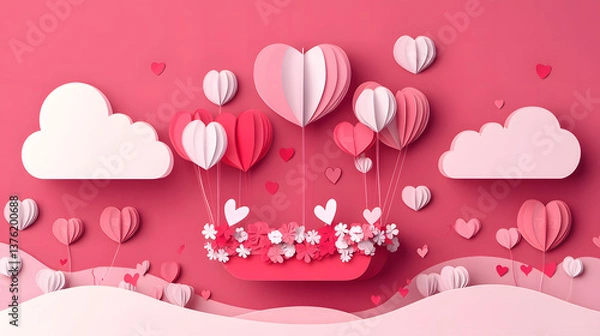 Fototapeta Valentine's background, Valentine’s Day Parade A festive parade with floats decorated with flowers and hearts, pink color, paper cut