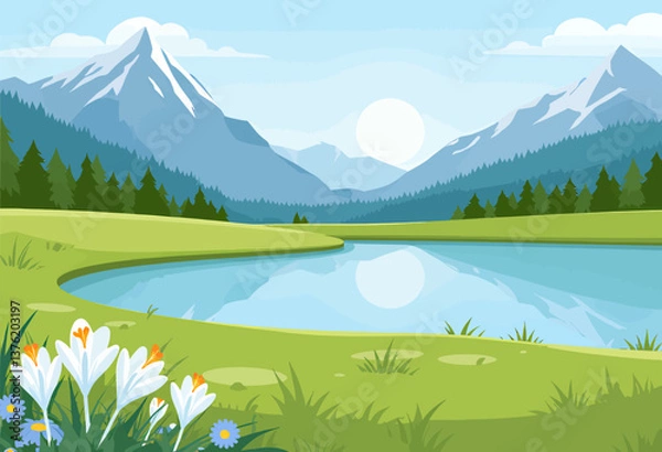 Fototapeta Scenic mountain lake with crocus flowers and forest reflection