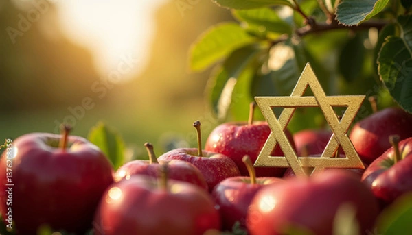 Fototapeta Celebration of Shavuot and Hanukkah with apples and a Star of David in a sunny orchard