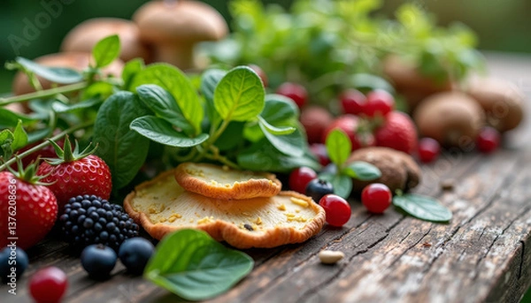 Fototapeta Freshly picked berries and herbs arranged on a wooden table with baked goods in a natural setting