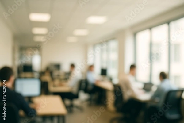Fototapeta Blurred office environment depicts employees concentrating on their computer screens, showcasing a busy workday in a modern workspace with natural light