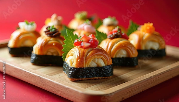 Fototapeta Delicious sushi art displayed on a wooden platter with vibrant toppings